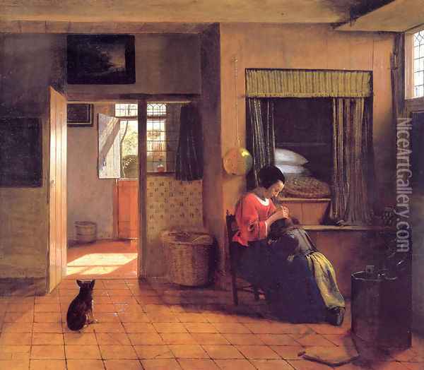 A Mother and Child with Its Head in Her Lap Oil Painting - Pieter De Hooch
