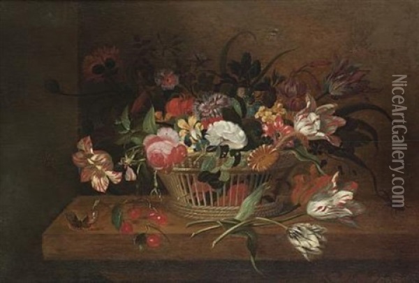 Tuilips, Roses, Poppies And Other Flowers In A Basket With A Red Admiral Butterfly And Other Insects Beside A Bunch Of Cherries On A Tabletop Oil Painting - Jacob Marrel