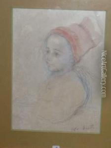 Portrait De Fillette Au Chapeau Rouge Oil Painting - K. Moretti