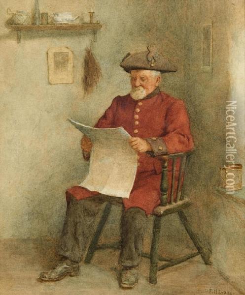 A Chelsea Pensioner Seated In Aninterior Oil Painting - Frederick Mcnamara Evans