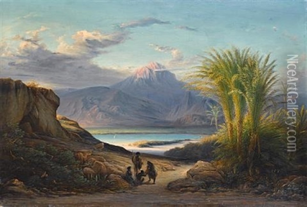 A Highland Lake, Ethiopia Oil Painting - Johann Martin Bernatz