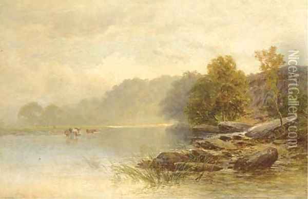 Cattle watering in a tranquil river Oil Painting - Charles S. Shaw