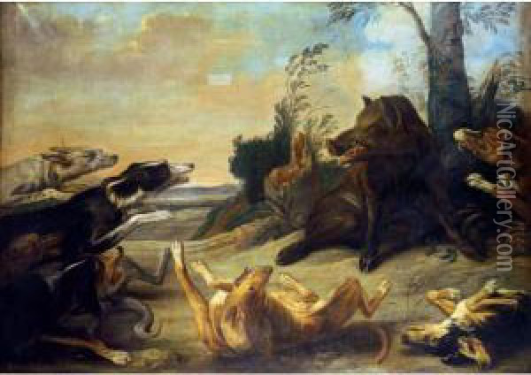 A Wild Boar Attacked By Hounds Oil Painting - Paul de Vos