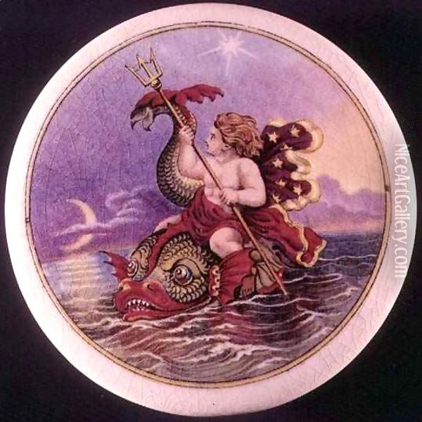 Pratt ware pot lid painted with a sea nymph Oil Painting - Jesse Austin