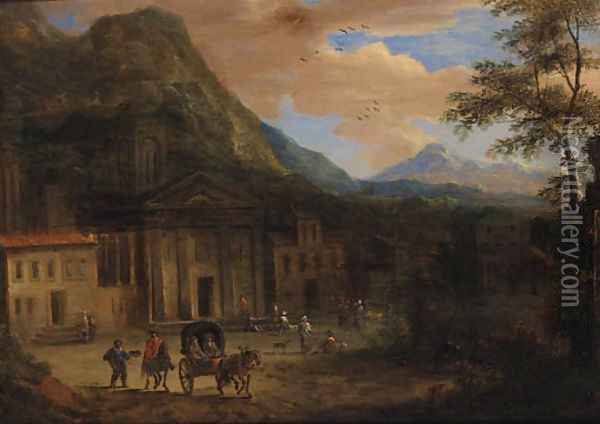 A Horse-drawn Cart ad Peasants before a Church, Mountains beyond Oil Painting - Adriaen Frans Boudewijns