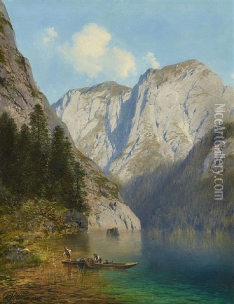 Fischer Im Nachen Am Ufer Eines Gebirgssees Oil Painting - Karl Millner