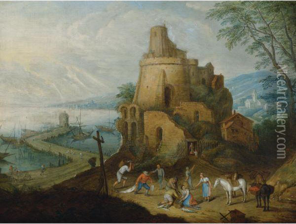 Figures By A Port Oil Painting - Jan Peeter Brueghel