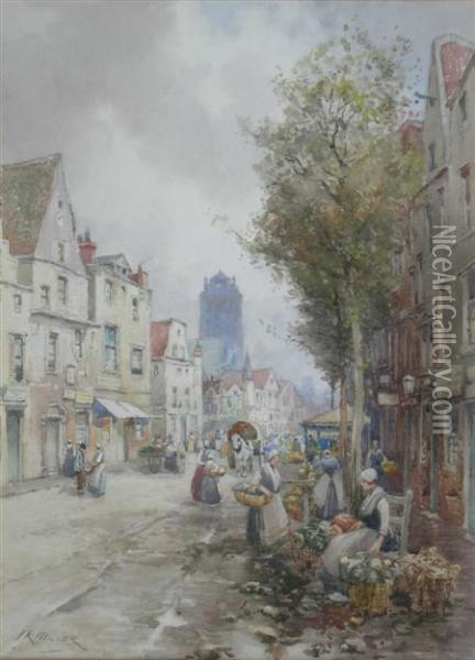 A Dutch Market By The Canal Oil Painting - James Robertson Miller