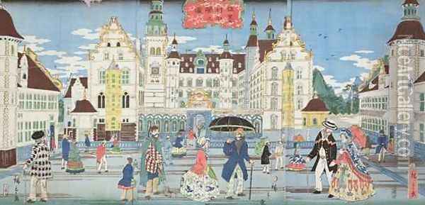 Landscape of a prosperous town in America Oil Painting - Hiroshige II (Ichiusai Shigenobu)