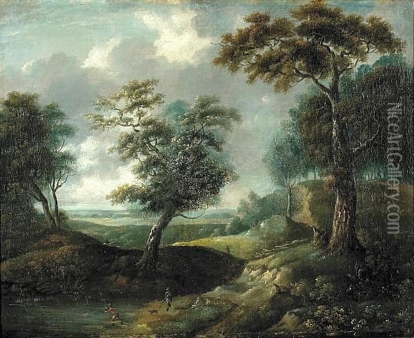 A Wooded Landscape With Huntsman At A Pond And Travellers Beyond Oil Painting - Jan Wijnants