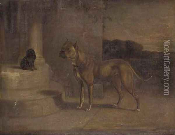 A Staffordshire bull terrier with a spaniel on a step Oil Painting - English School