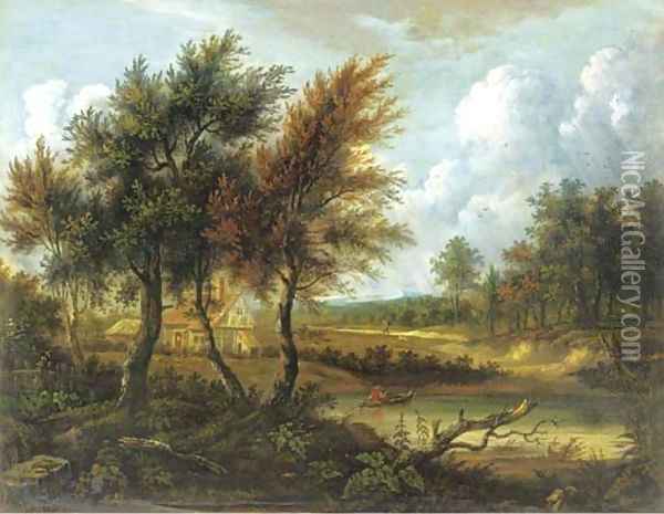 Figure in a rowing boat before a cottage in a wooded landscape Oil Painting - Patrick Nasmyth
