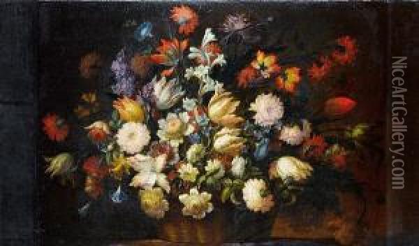 Roses, Tulips, Peonies, Jasmine And Otherflowers In A Wicker Basket On A Table Top Oil Painting - Jean Baptiste Belin de Fontenay