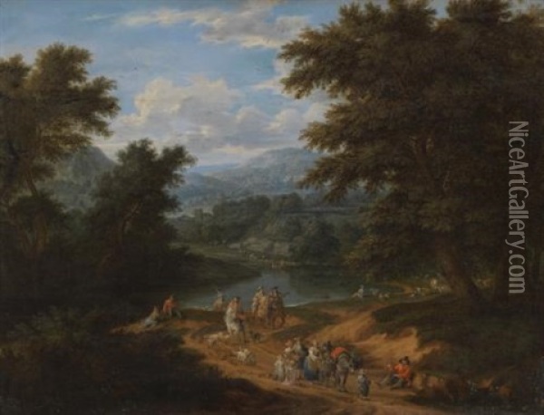A Landscape With Travellers On A Path Oil Painting - Mathys Schoevaerdts