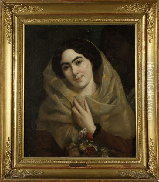 Jeune Femme Au Bouquet De Fleur Et Son Serviteur Oil Painting - Arsene Charles Hurtrel