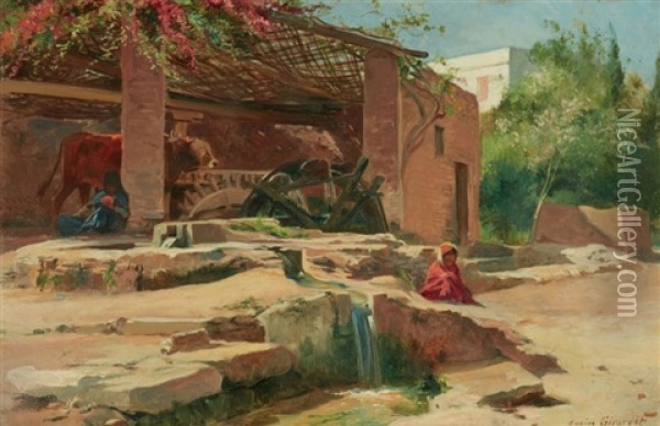 Sakkieh Dans Un Jardin D'egypte Sakkieh In A Garden In Egypt Oil Painting - Eugene Alexis Girardet