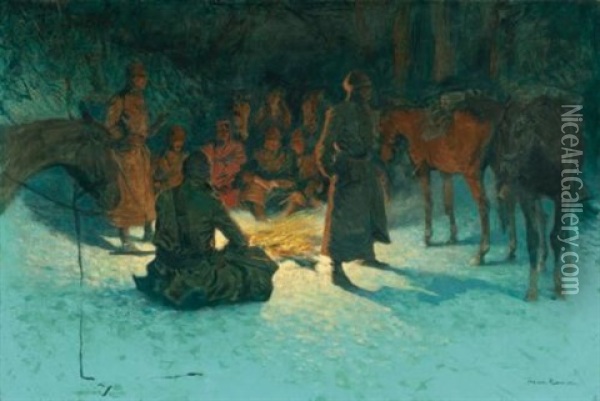 A Halt In The Wilderness (halt To Warm; Halt Of A Cavalry Patrol To Warm) Oil Painting - Frederic Remington