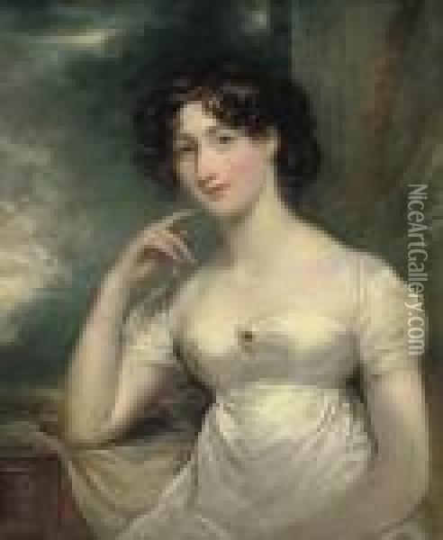 Portrait Of A Lady, Half-length, In A White Dress, A Landscape Beyond Oil Painting - John Hoppner