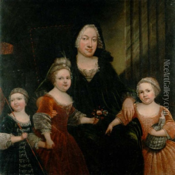Portrait Of The Empress Maria Theresa With Her Three Daughters, One Holding A Flag, One A Bunch Of Flowers And The Other A Doll Oil Painting - Antoine Pesne