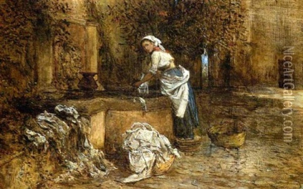 Wascherin Am Brunnen Oil Painting - Theodor Josef Ethofer