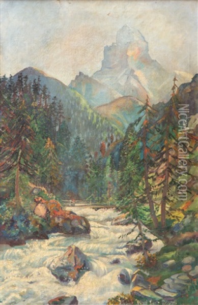 Rivier In Bergvallei Aan De Voet Van De Matterhorn Oil Painting - Chris Lanooy
