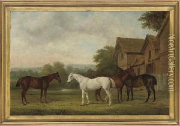 Four Hunters By A Barn, An Extensive Landscape Beyond Oil Painting - John Paul