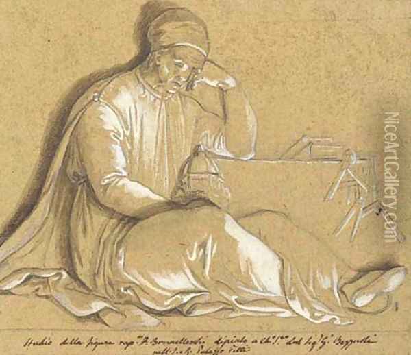 Brunelleschi, seated, holding a model of the dome of Florence Cathedral Oil Painting - Giuseppe Bezzuoli