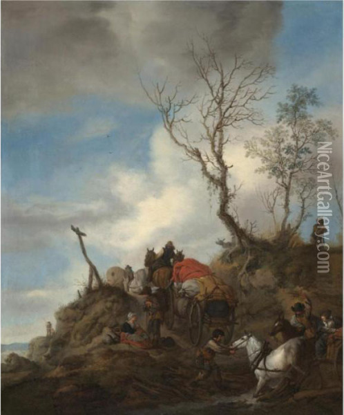 Horse-wagons On A Rough Road Oil Painting - Pieter Wouwermans or Wouwerman