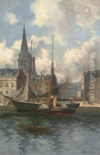 A Tug Boat And Row Boat Before A Sailing Ship, Dundee Oil Painting - Joseph Milne