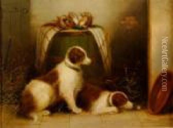 Spaniels In A Courtyard Oil Painting - George Armfield