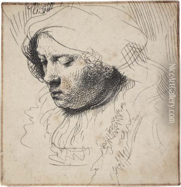 Head Of A Woman, Looking Down Oil Painting - Rembrandt Van Rijn