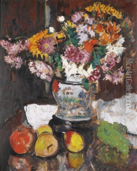 Still Life Of Chrysanthemums In A Chinese Vase Oil Painting - George Leslie Hunter