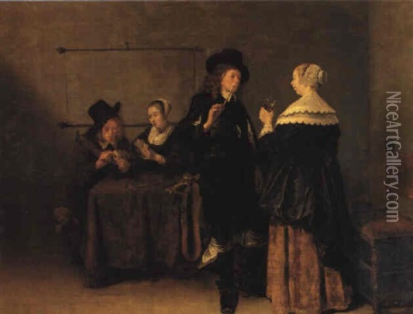 Two Elegant Couples In An Interior Oil Painting - Quiringh Gerritsz van Brekelenkam