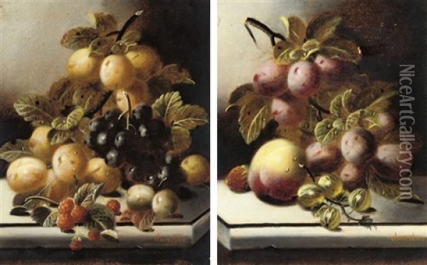 Greengages, Grapes And Rasperries (+ Plums, Gooseberries And A Peach; Pair) Oil Painting - Oliver Clare