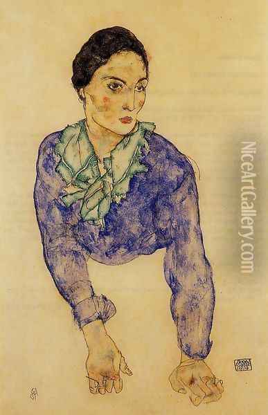 Portrait Of A Woman With Blue And Green Scarf Oil Painting - Egon Schiele