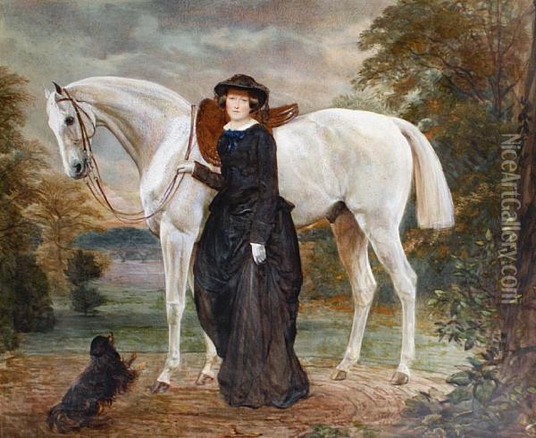 Portrait Of A Lady With A Grey Horse And A Dogat Her Feet, A Landscape Beyond Oil Painting - Jean Edouard Lacretelle