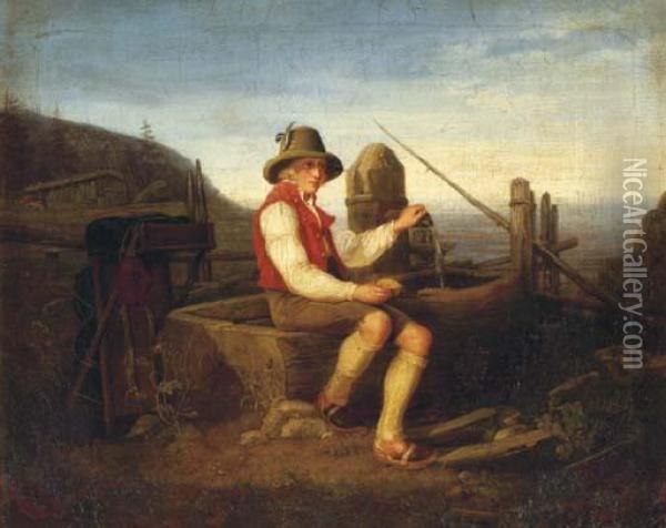 A Shepherd Resting By A Well Oil Painting - Friedrich Simon