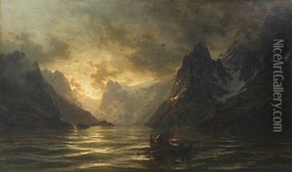 Norwegian Fjord Scene With Fishermen On The Ocean, An Early Overcast Morning Oil Painting - Carl August Heinrich Ferdinand Oesterley