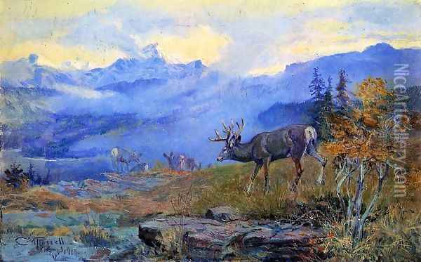 Deer Grazing Oil Painting - Charles Marion Russell