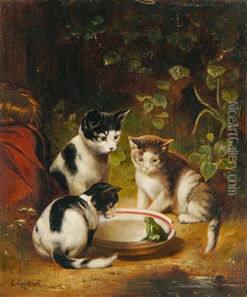 Drei Katzchen Beobachten Neugierig Einen Frosch Am Wassernapf Oil Painting - Carl Reichert