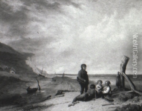 Children On The Isle Of Wright Shore Oil Painting - William Collins