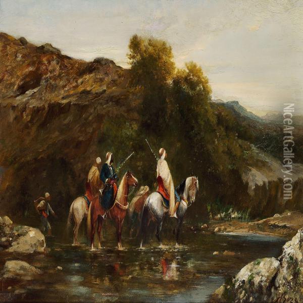 Arabian Horsemen Passing A River In Evening Light Oil Painting - Honore Boze