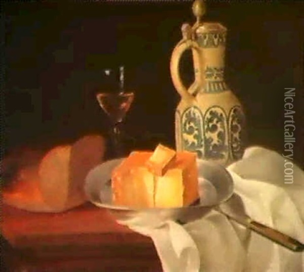 Stilleben Mit Kase, Brot Und Einem Tonkrug Oil Painting - Justus Juncker