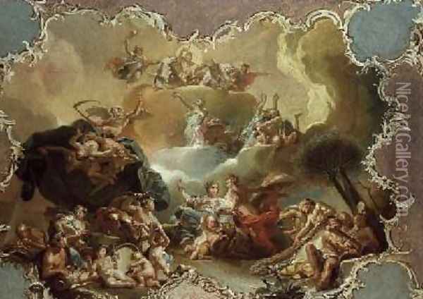 Modello for a ceiling decoration depicting Ceres with the fruits of the earth with Time overcoming Envy and Flora offering Flowers to Apollo Oil Painting - Martin Knoller
