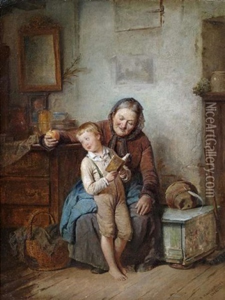 Vorunterricht. Eine Grosmutter Bringt Ihrem Enkel Das Lesen Bei Oil Painting - Rudolf Hausleithner