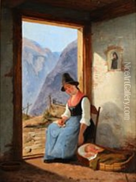 Mother And Child In The Background An Italian Mountain Landscape Oil Painting - Christian Andreas Schleisner