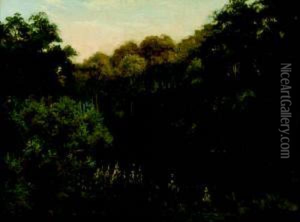 The Upper Reaches Of A River With Trees And Foxgloves To The Foreground Oil Painting - Edward Horace Thompson