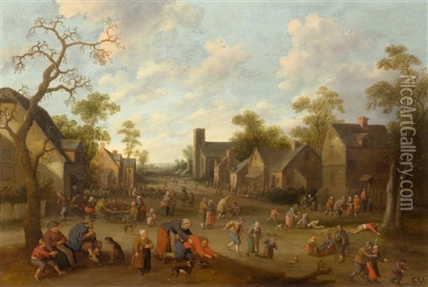 Village In A Landscape With Figures Oil Painting - Joost Cornelisz. Droochsloot