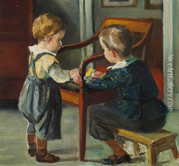 The Artists Children Henning And P. P. Rohde Oil Painting - Johan Gudmann Rohde