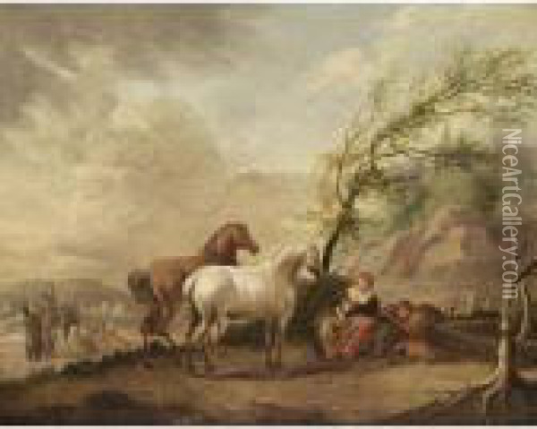 A Landscape With A Woman And Two
 Children Resting By A Tree Near A Well, Two Horses Nearby Oil Painting - Barend Gael or Gaal